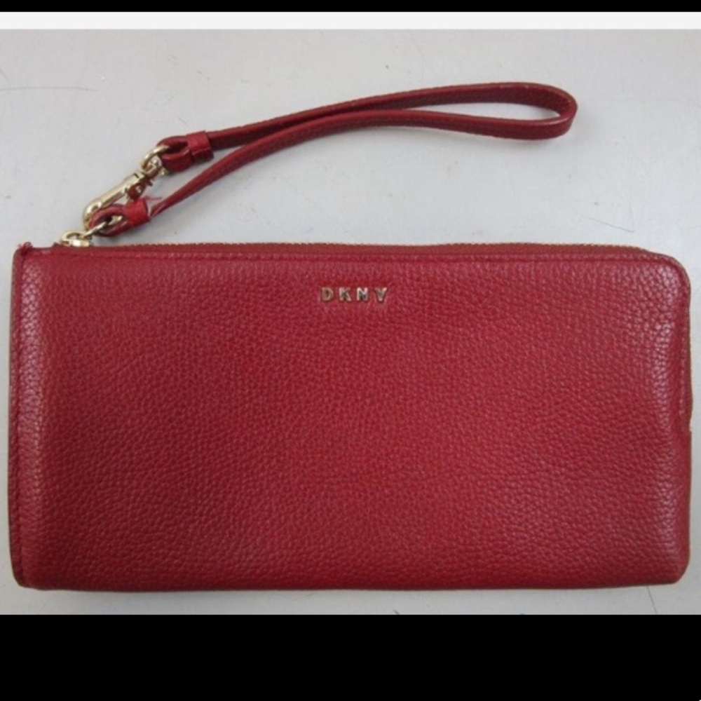 DKNY- Red/ Gold Tone Hardware Pebble Texture Wristlet